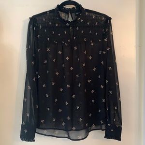Who what wear blouse top shirt with mock neck ruffles sheer black pattern large